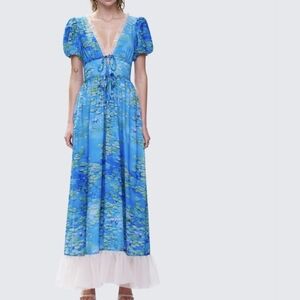 Finesse Loire Blue Water Lilies Print Maxi Dress Floral V-Neck  Puff Sleeves